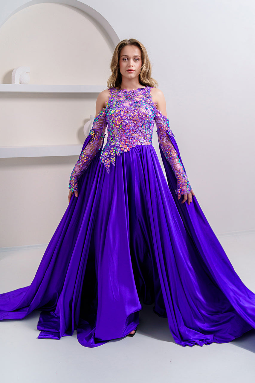 Royal Purple Evening Dress with Crystal Appliqué - Off-Shoulder Fantasy Gown by ORSOYA Darchi