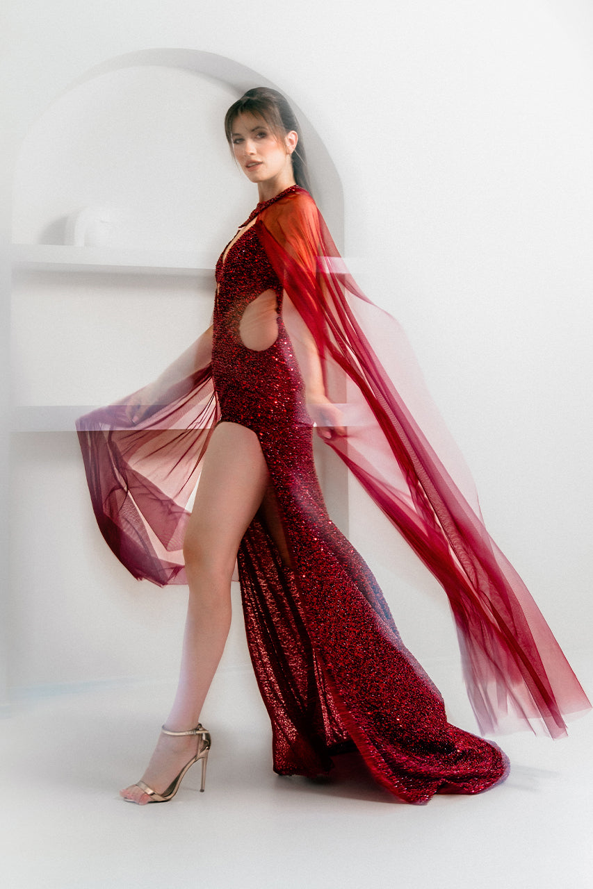 Red Sequin High Slit Evening Dress with Sheer Tulle Cape