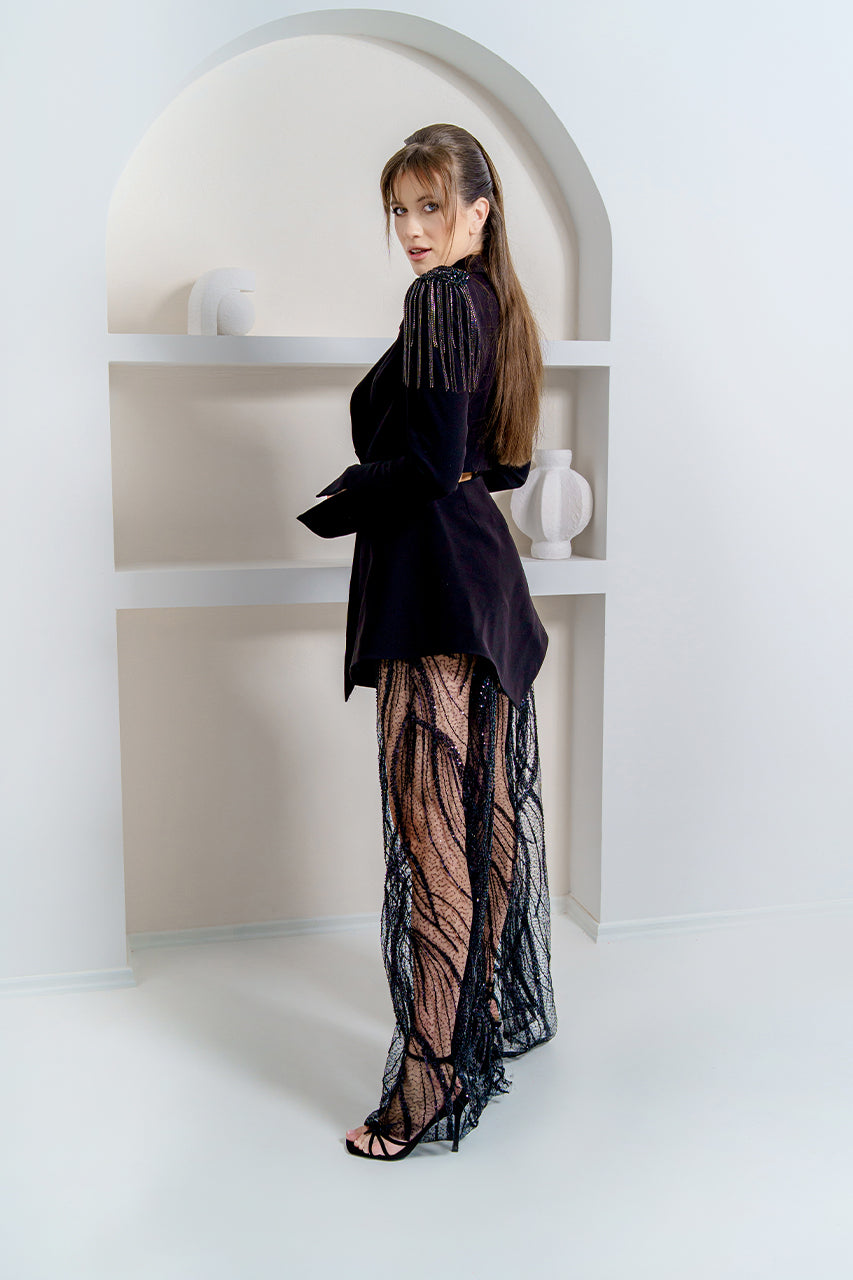 Embellished Blazer with Beaded Palazzo Trousers Set