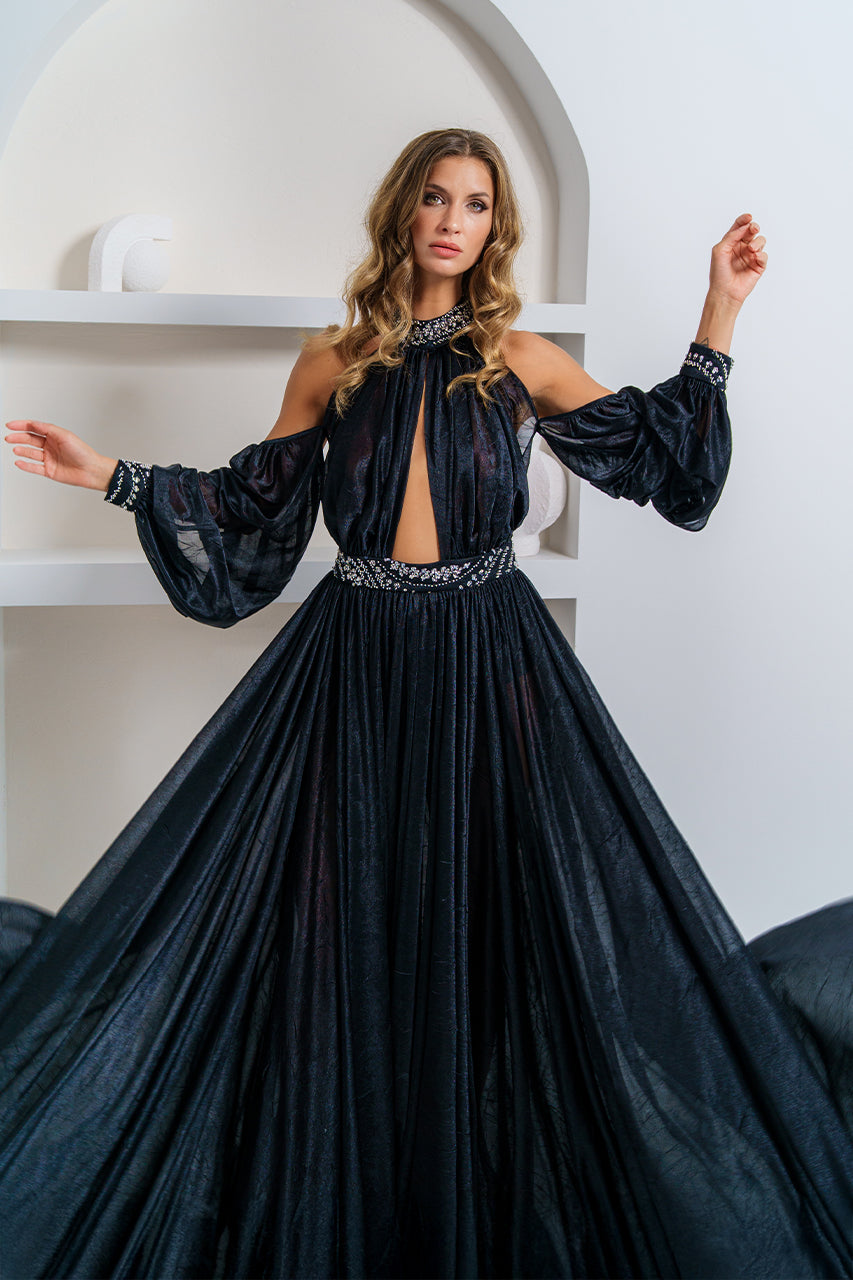 Black Open Back Evening Gown with Beaded Neckline and Waist Embellishment