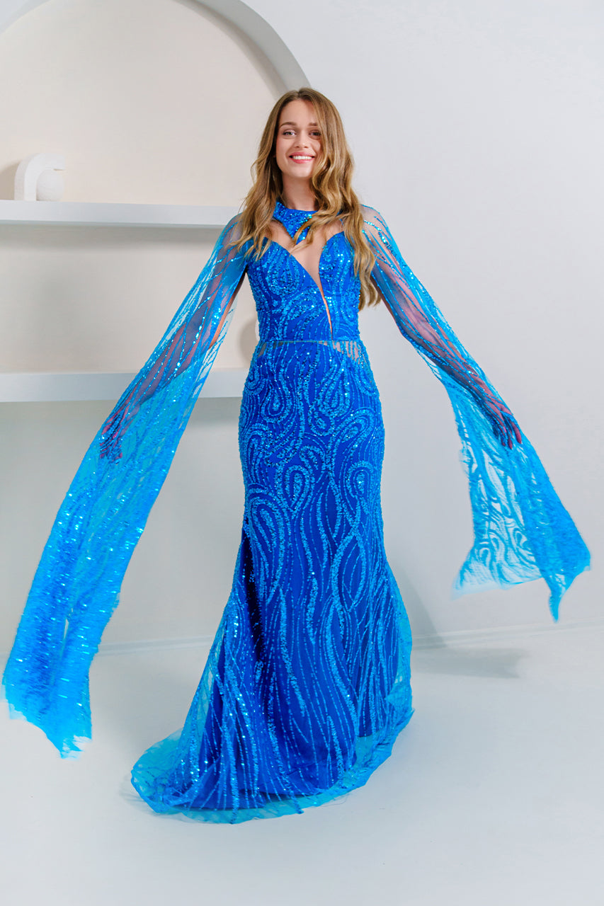 Turquoise Mermaid Evening Gown with Detachable Sleeves