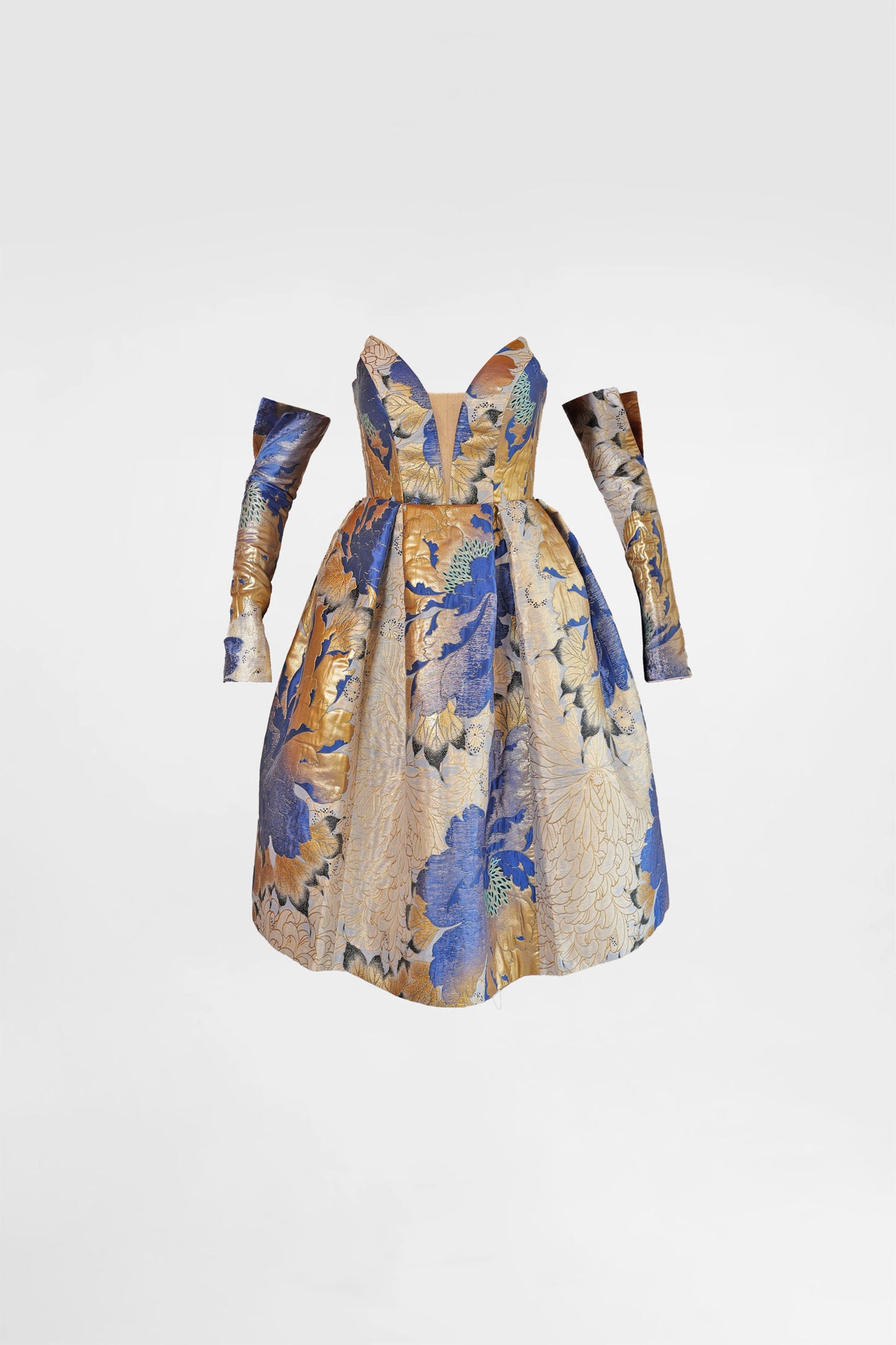 蓝金花卉束腰中长连衣裙