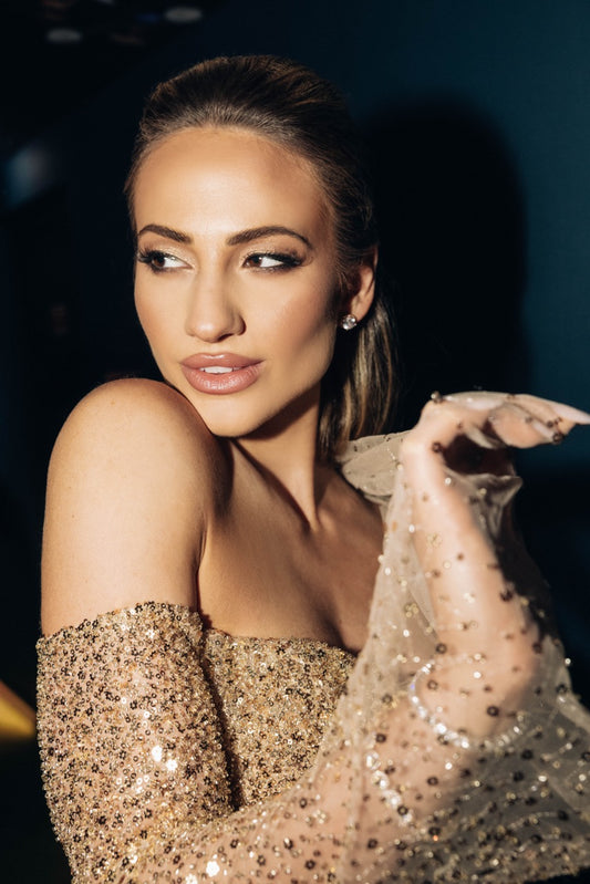 Gold-Toned Sheer Tulle Evening Gown with Waist Belt Detail and Detachable Train you #Snejana