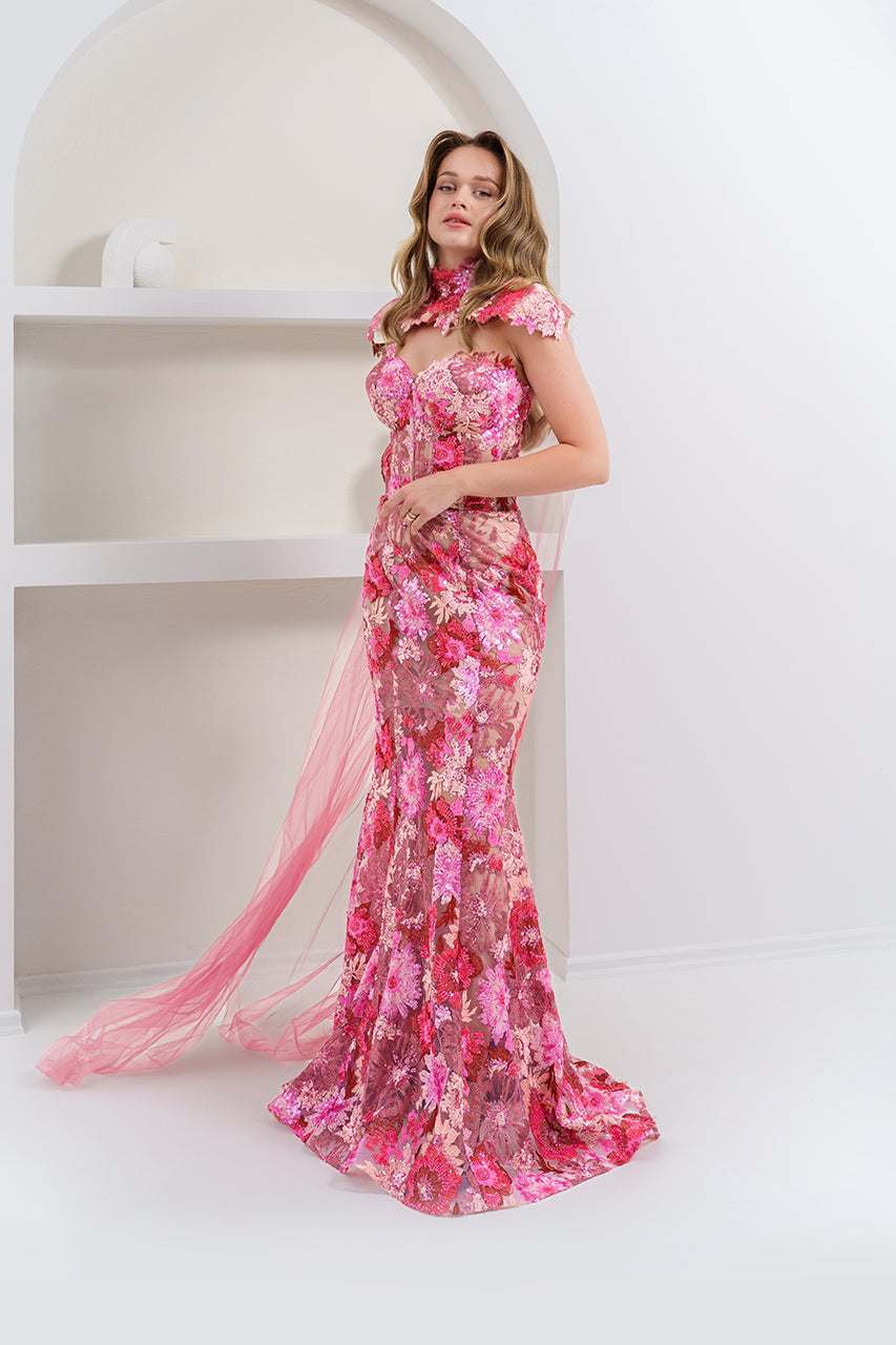 Powder pink sequin corset evening gown with detachable tulle train