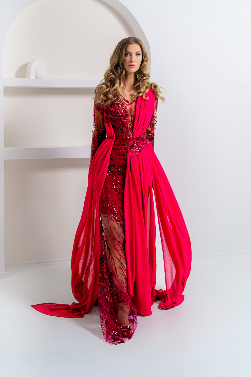 Burgundy Sequin Mermaid Evening Gown with Chiffon Overlay