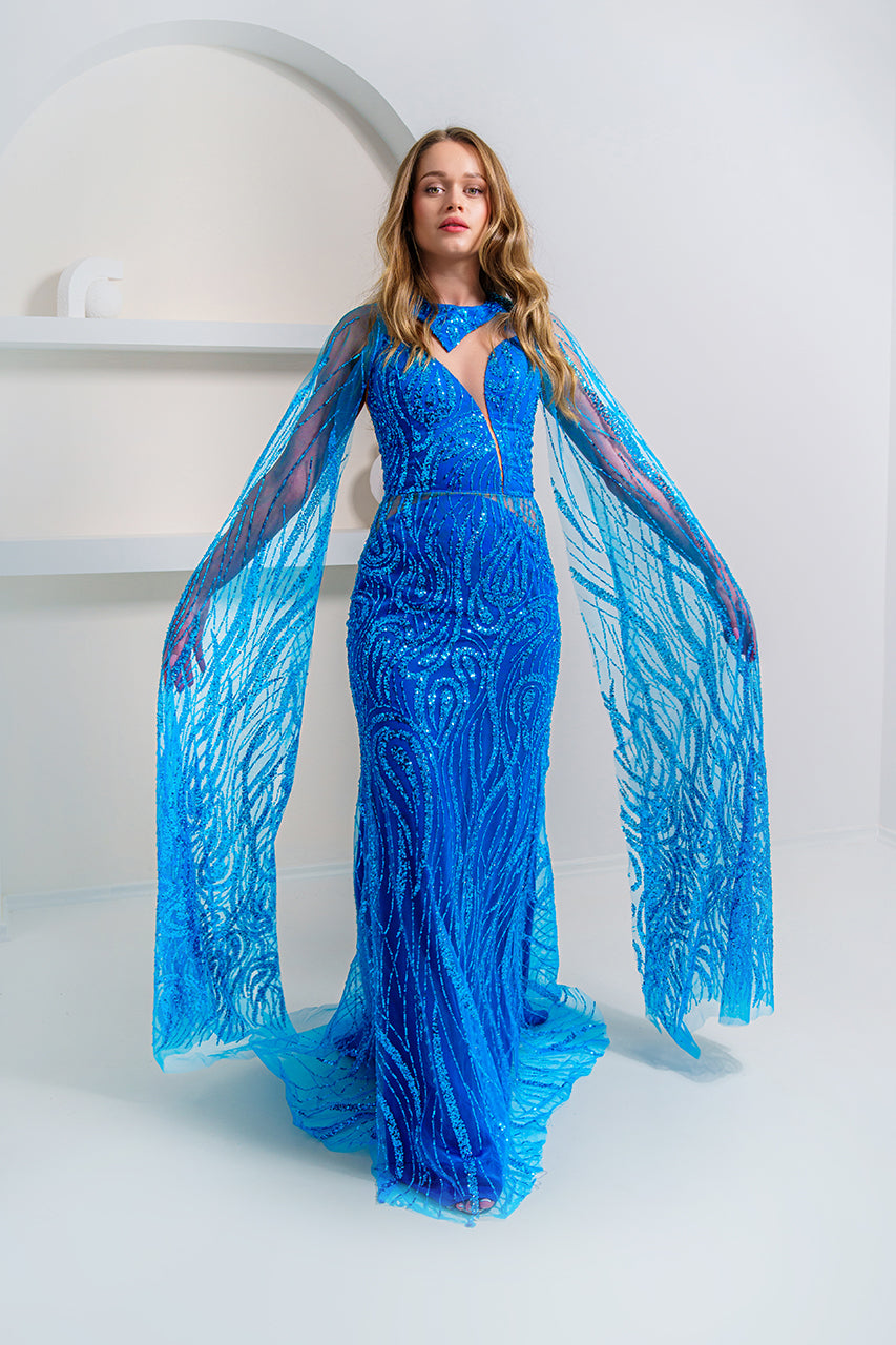 Turquoise Mermaid Evening Gown with Detachable Sleeves