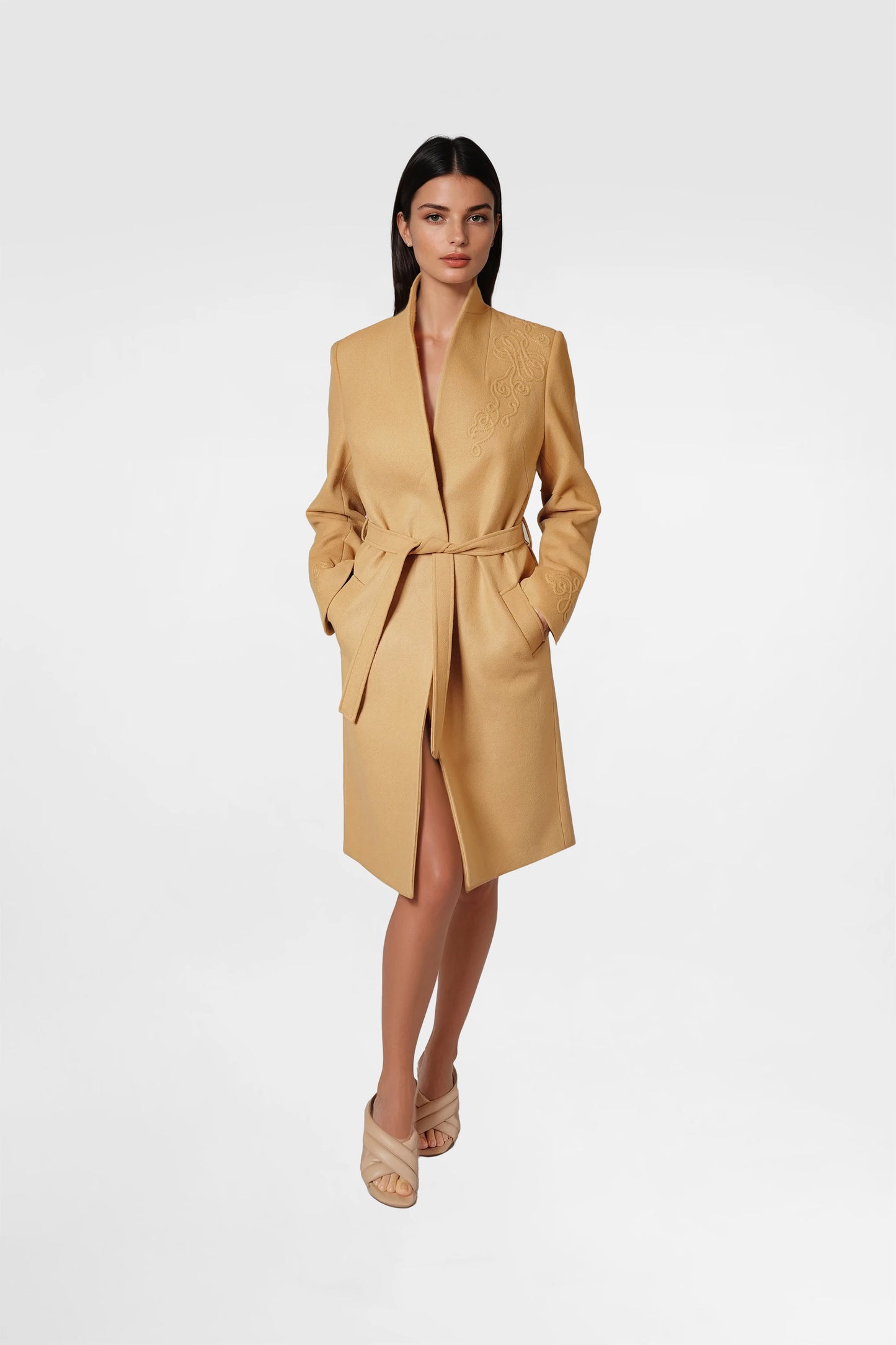 Camel Embroidery Wool Coat