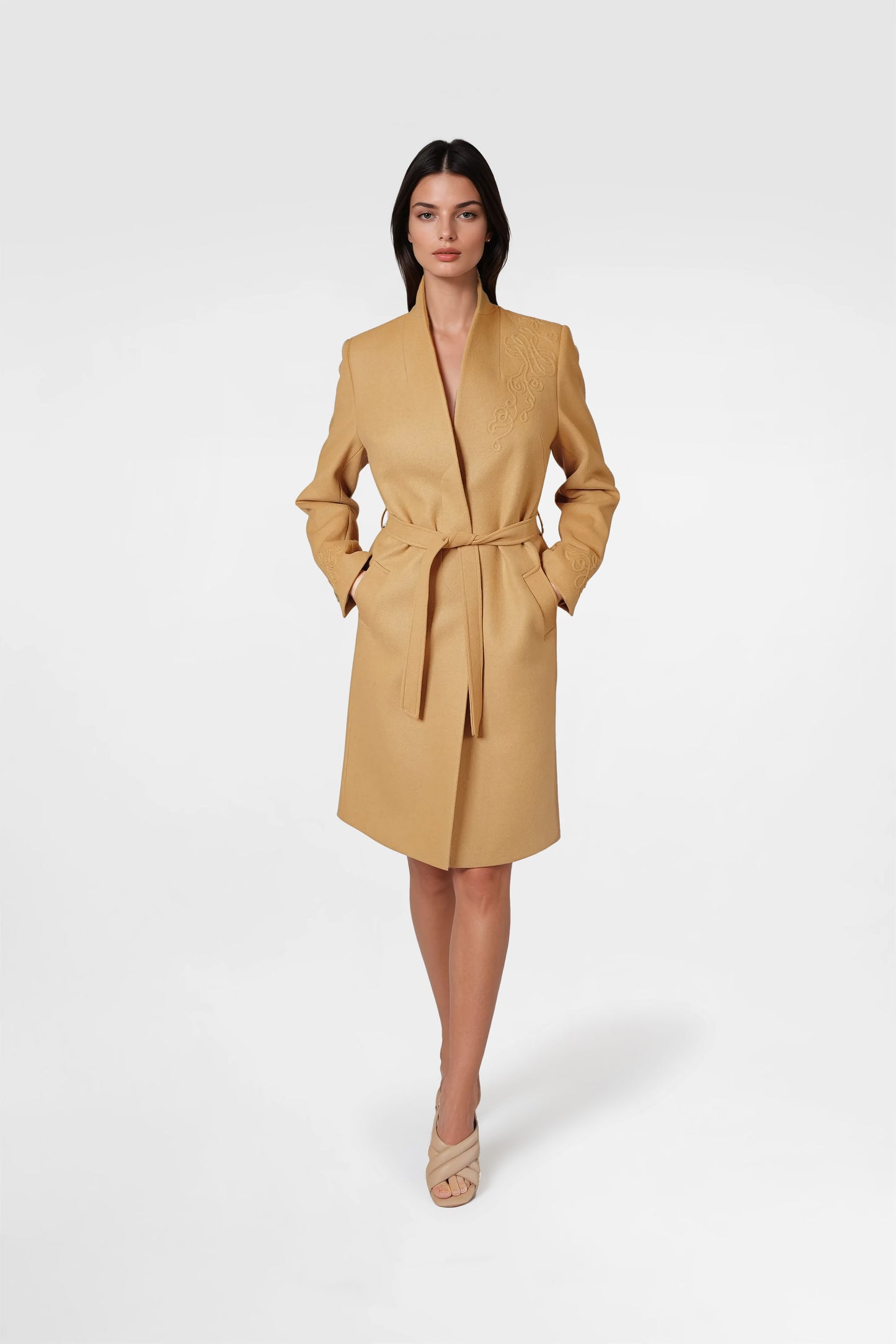 Camel Embroidery Wool Coat