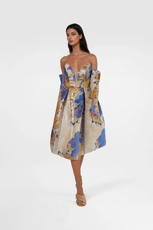 Blue & Gold Floral Corset Midi Dress