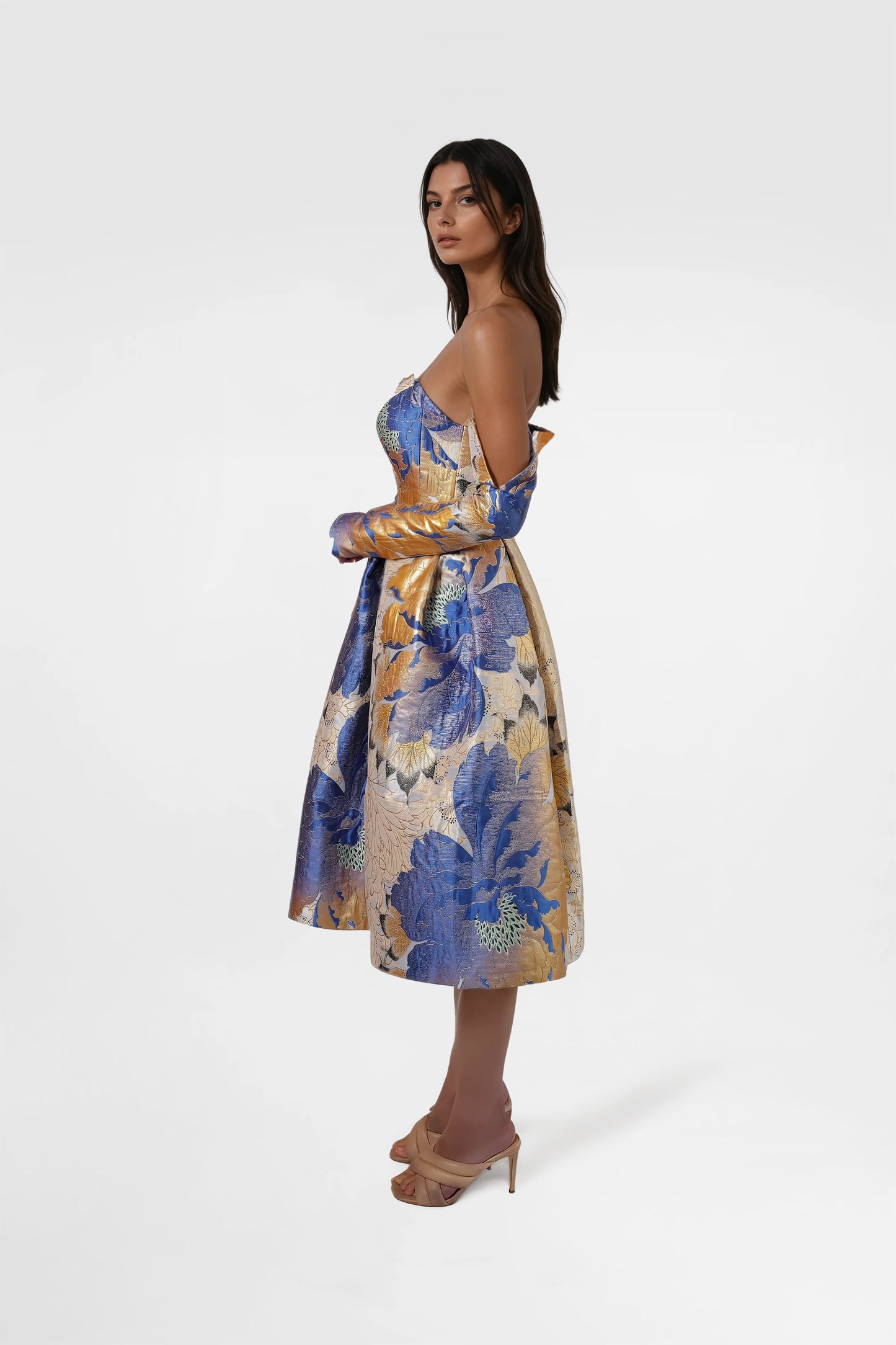 Blue & Gold Floral Corset Midi Dress