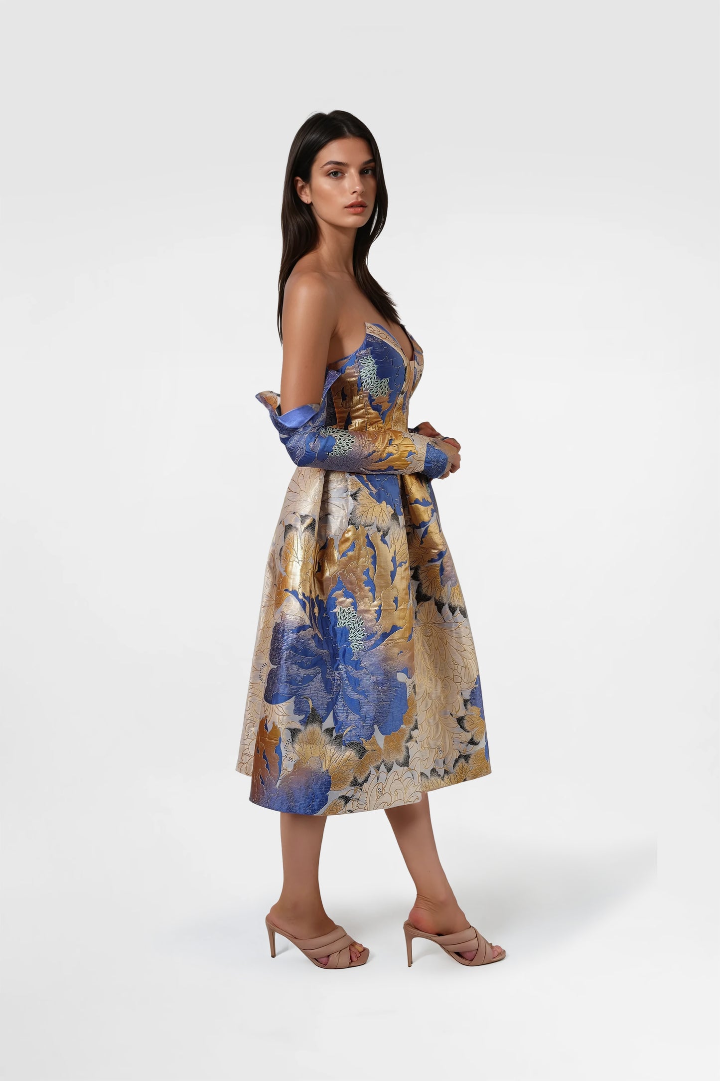 Blue & Gold Floral Corset Midi Dress