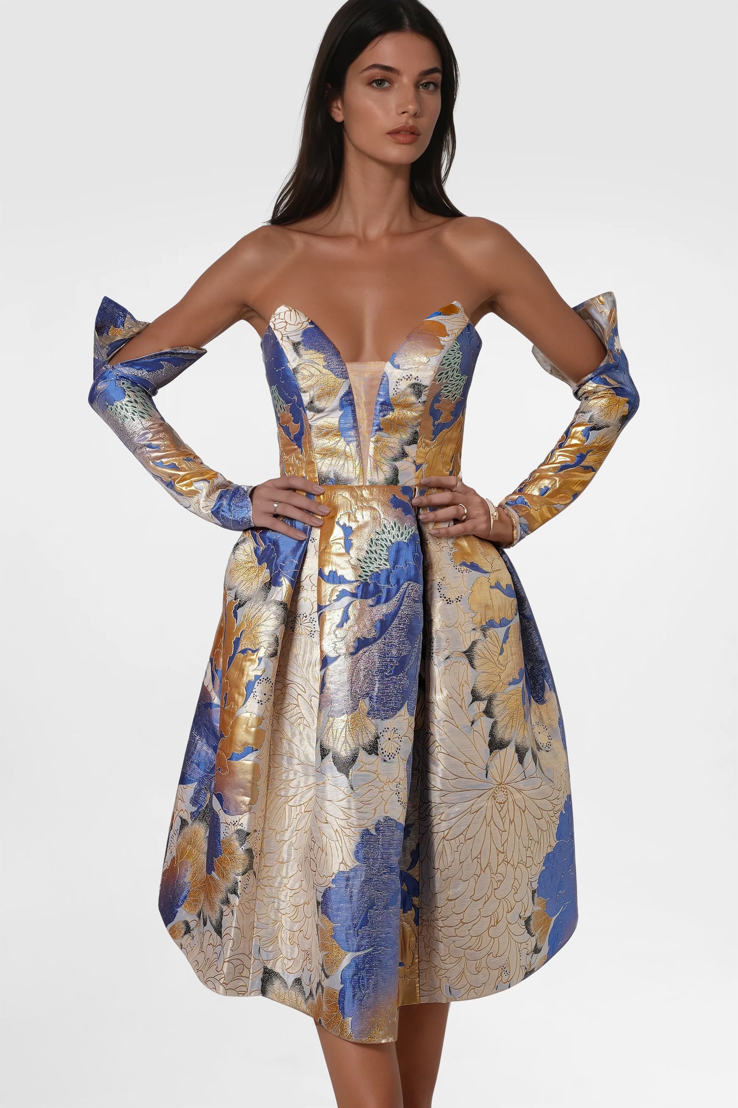 Blue & Gold Floral Corset Midi Dress