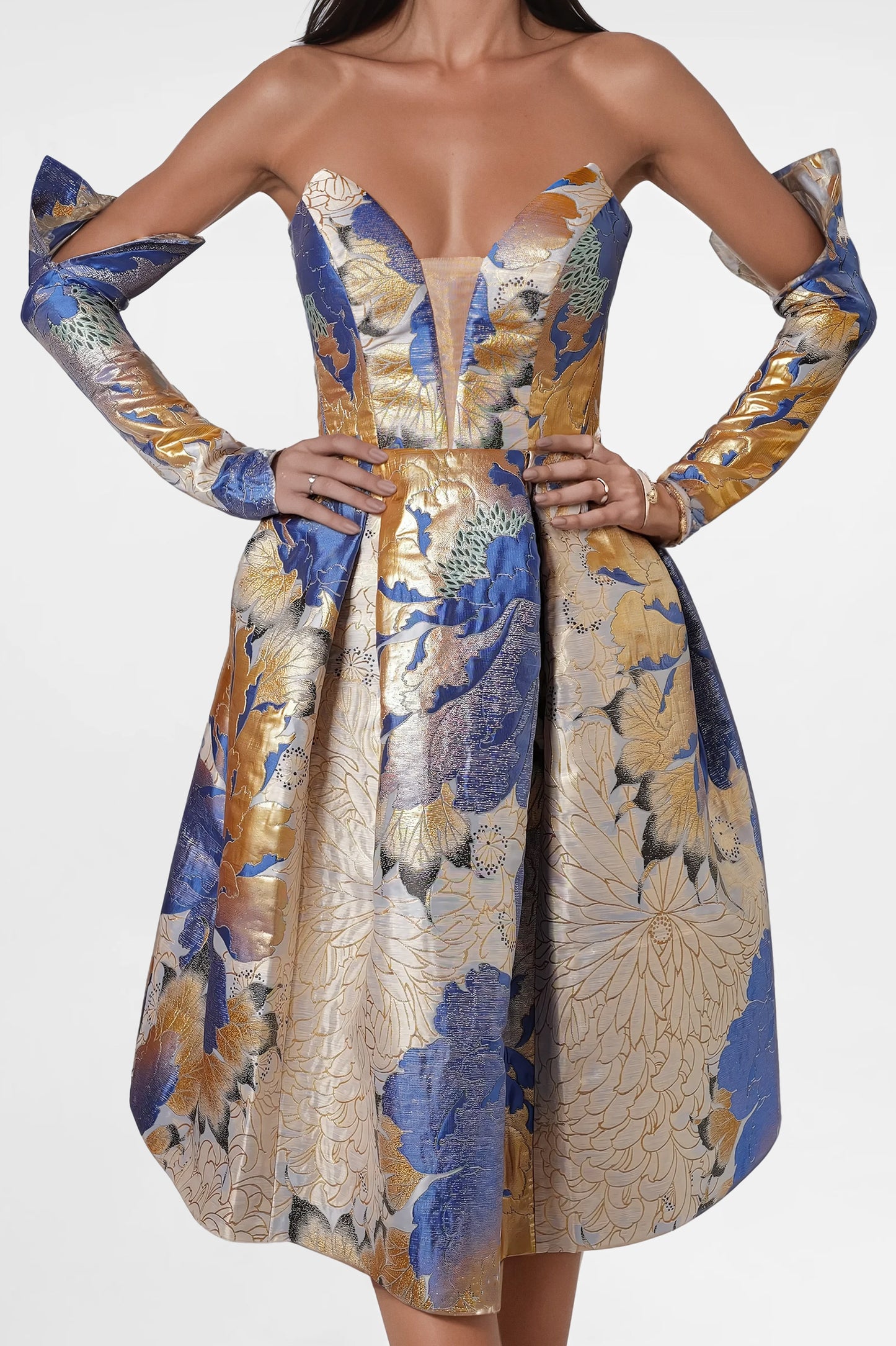 Blue & Gold Floral Corset Midi Dress