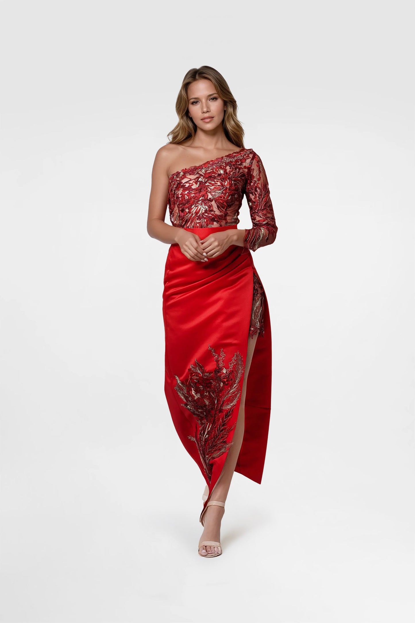 Red-Burgundy Lace Mini Dress with Long Satin Skirt