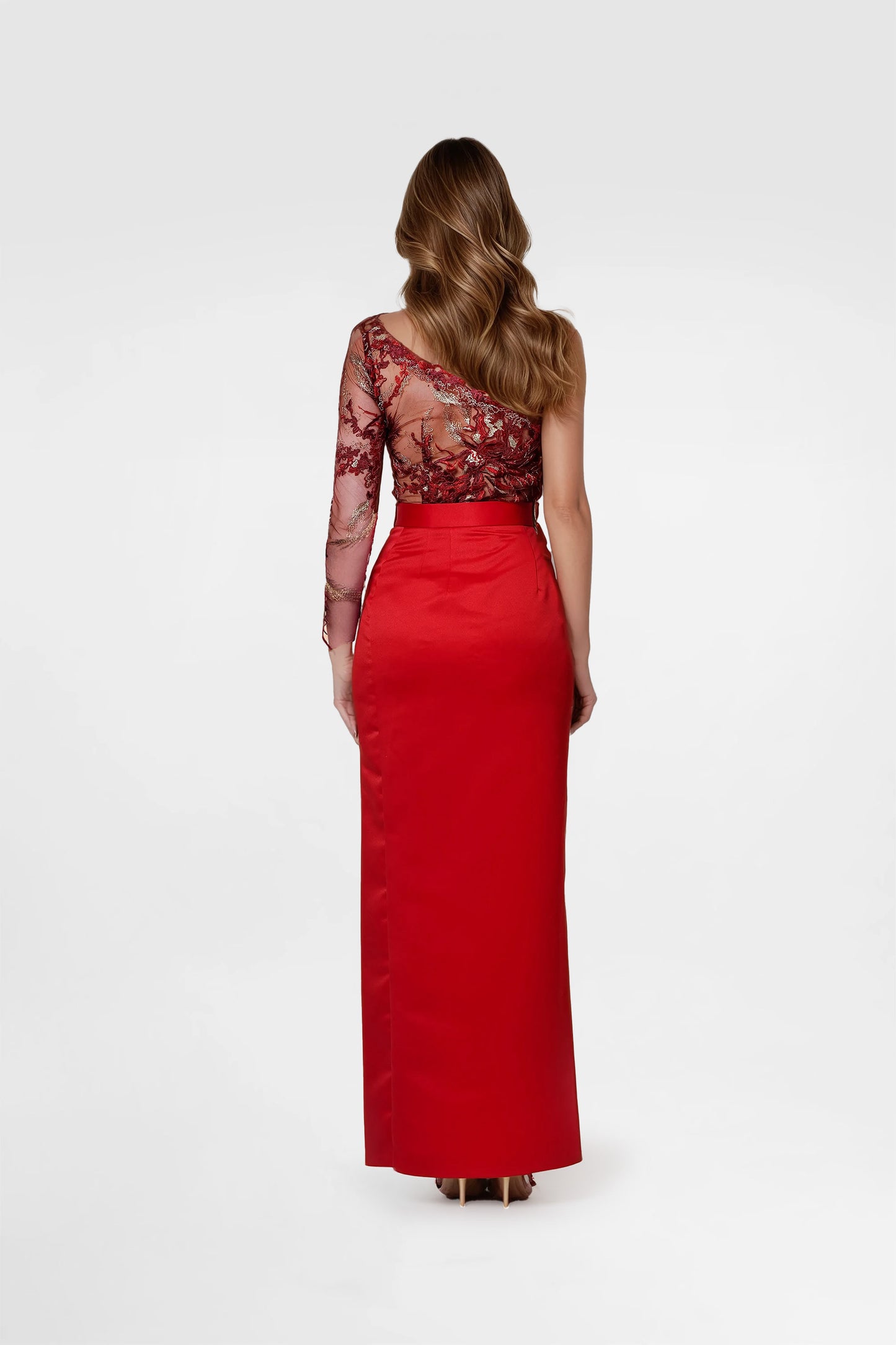 Red-Burgundy Lace Mini Dress with Long Satin Skirt ORSOYA DARCHI Red-Burgundy Lace Mini Dress with Long Satin Skirt ORSOYA DARCHI