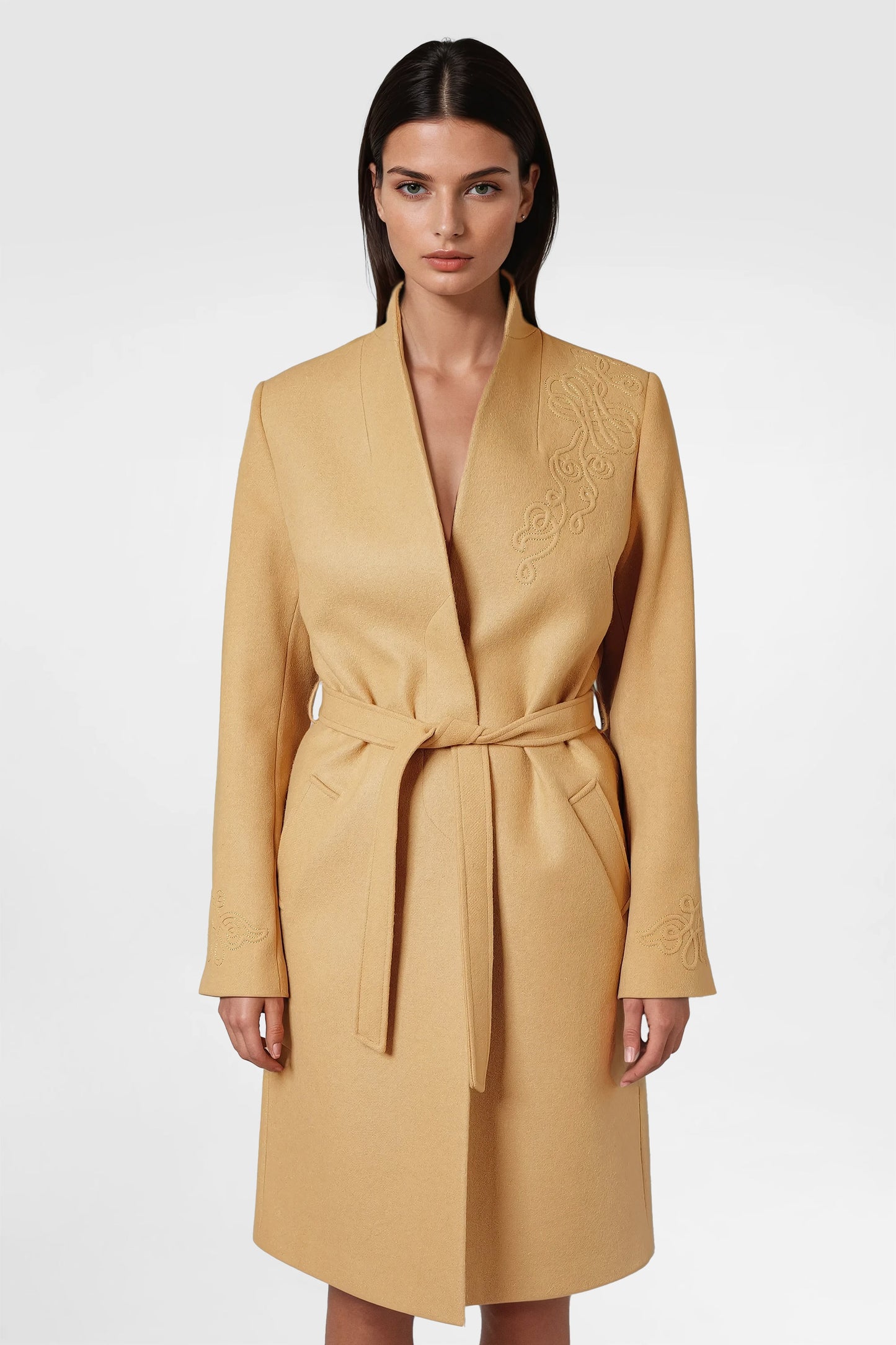 Camel Embroidery Wool Coat