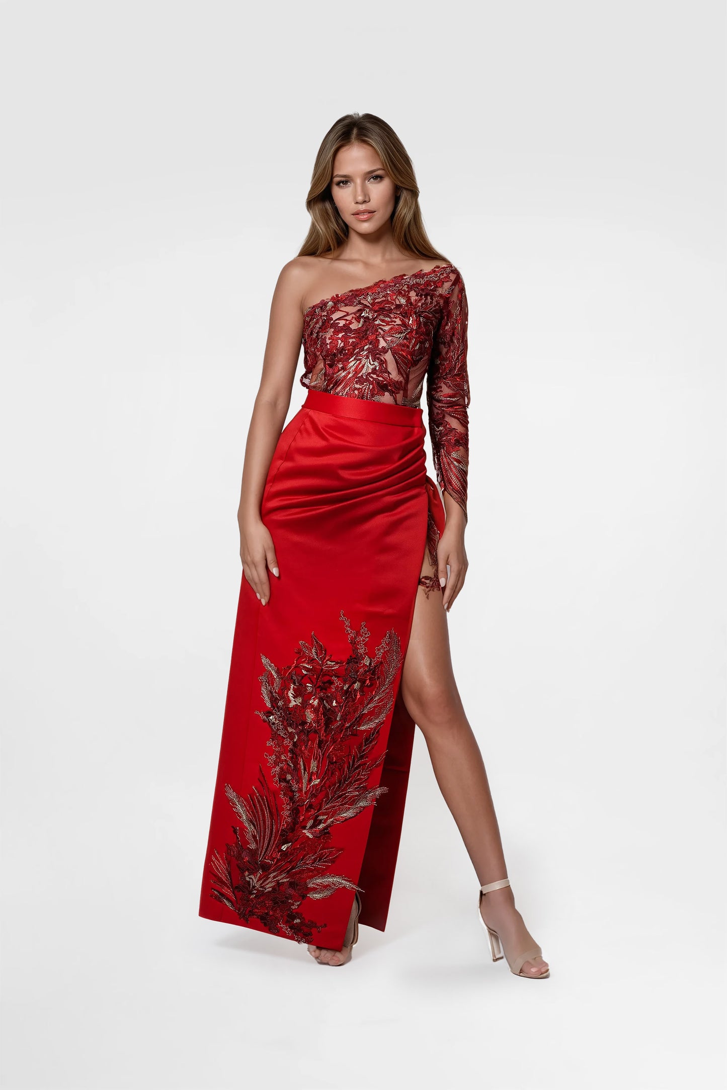 Red-Burgundy Lace Mini Dress with Long Satin Skirt ORSOYA DARCHI Red-Burgundy Lace Mini Dress with Long Satin Skirt ORSOYA DARCHI