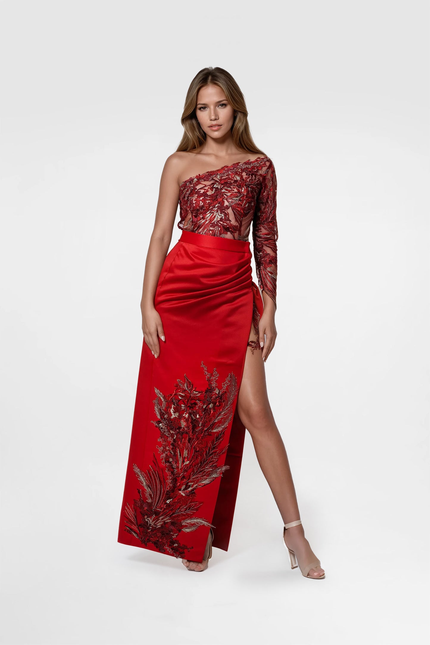 Red-Burgundy Lace Mini Dress with Long Satin Skirt