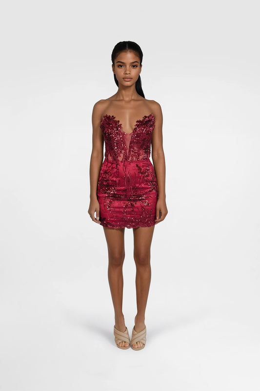 Burgundy Red Wine Spark Mini Cocktail Dress