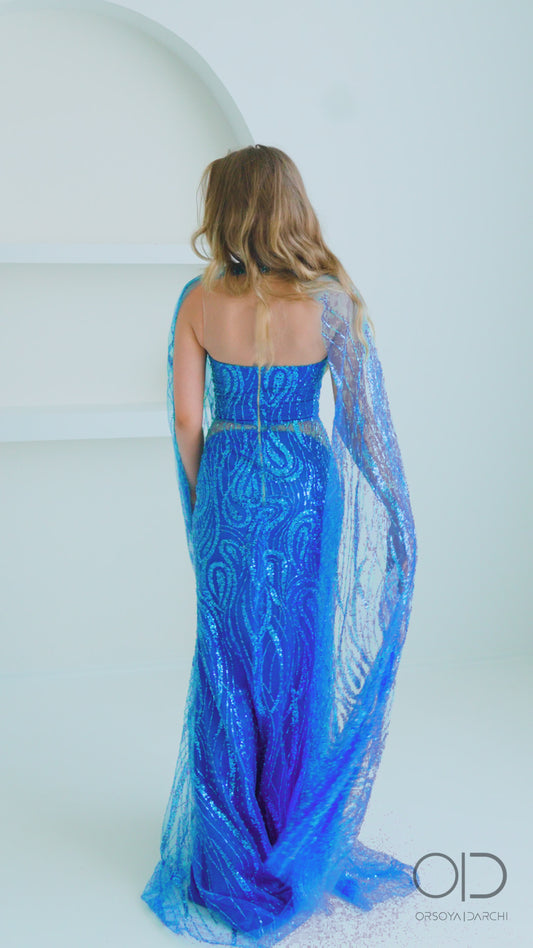 Turquoise Mermaid Evening Gown with Detachable Sleeves