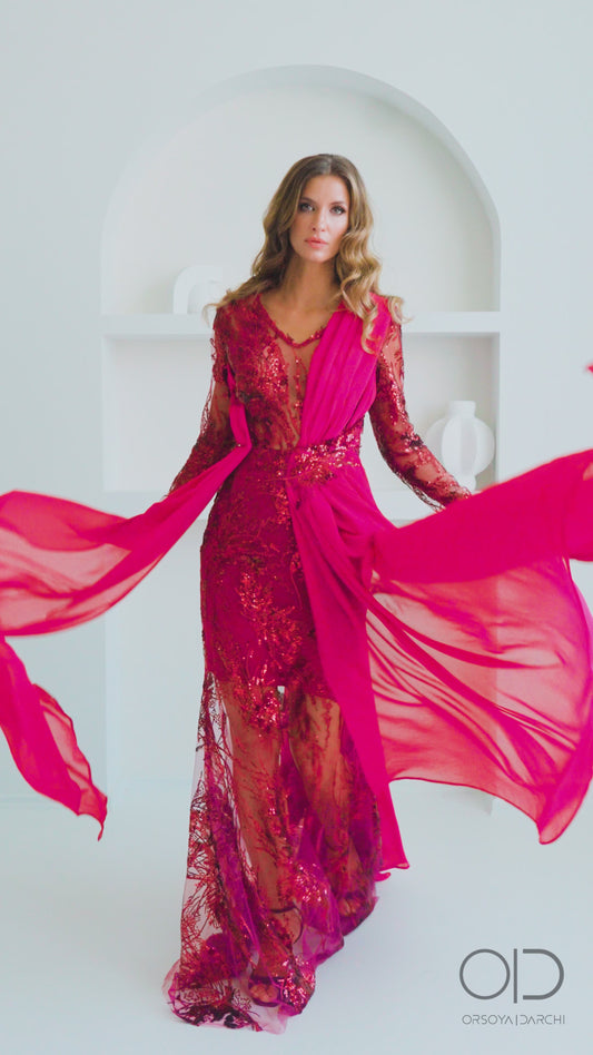 Burgundy Sequin Mermaid Evening Gown with Chiffon Overlay