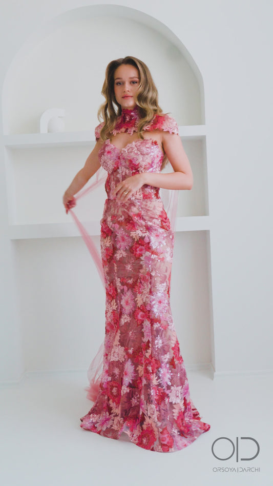 Powder pink sequin corset evening gown with detachable tulle train