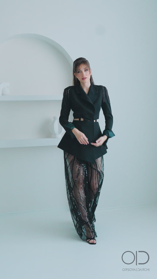 Embellished Blazer with Beaded Palazzo Trousers Set