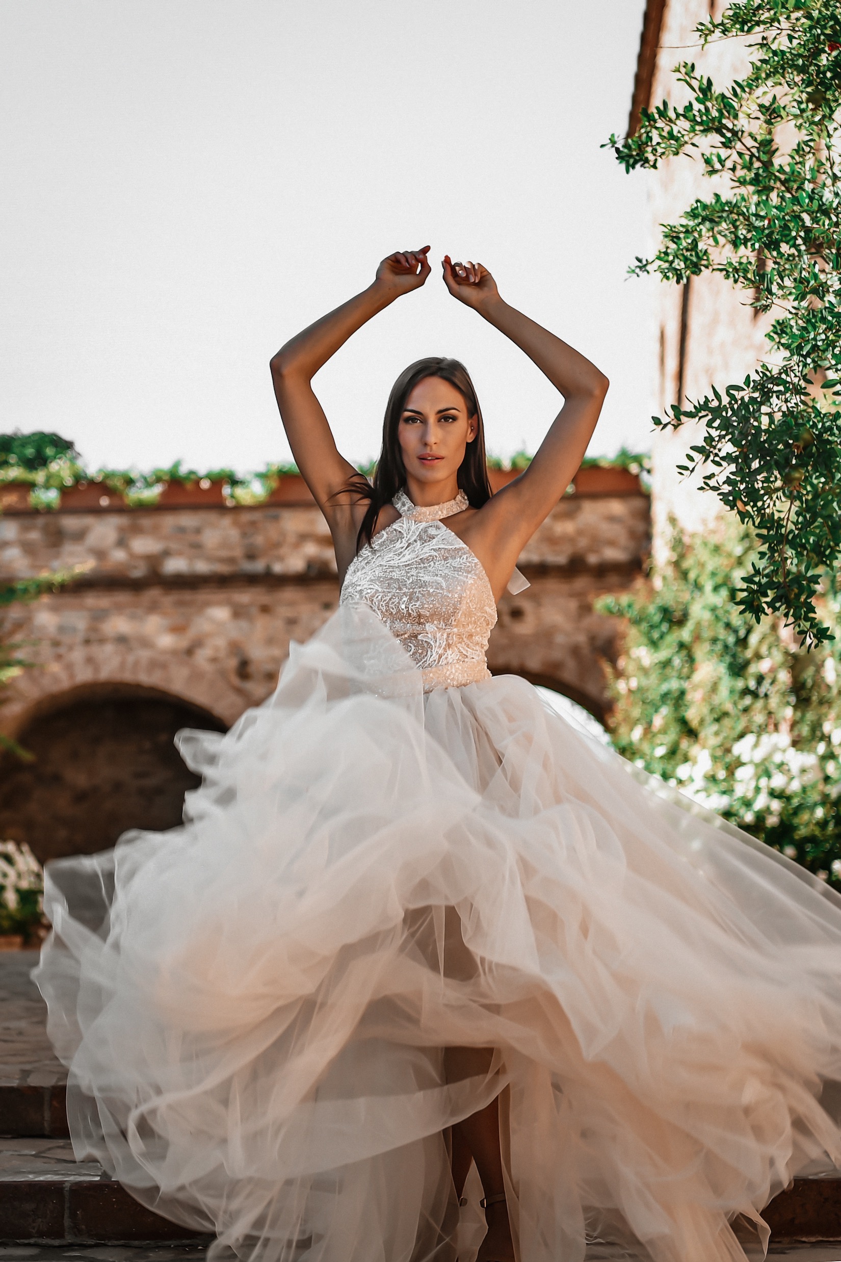ORSOYA Bridal Dress: Halter neck bridal dress with tulle skirt.
