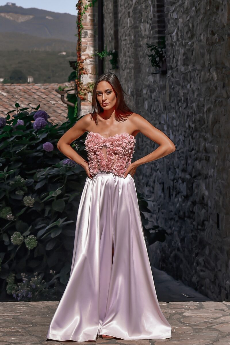 ORSOYA Evening / Casual Dress: Elegant 3D flowers applique corset-style gown, heavy satin slit skirt.