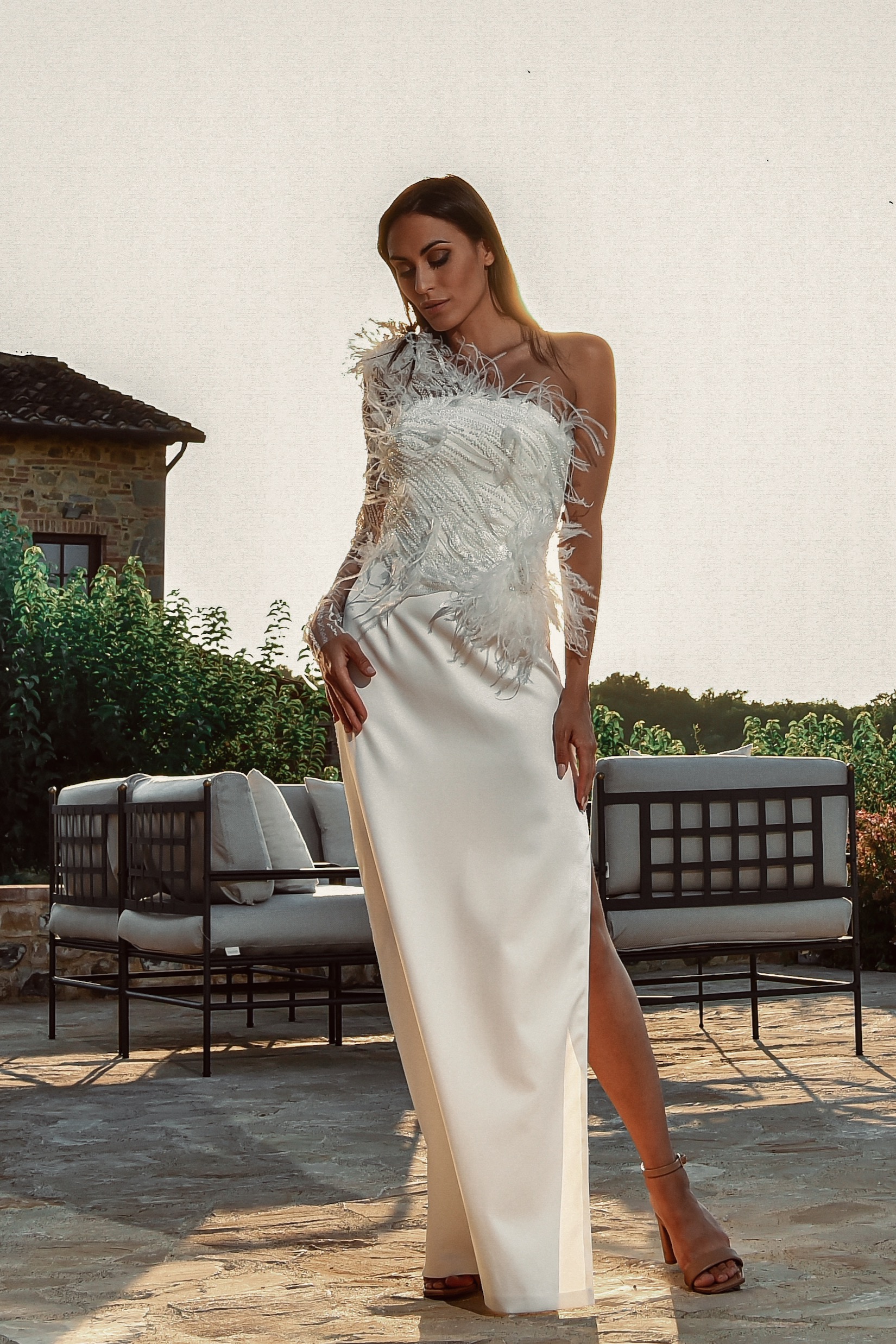 ORSOYA Bridal Dress: Sheer one-sleeve bridal dress with marabou feather.