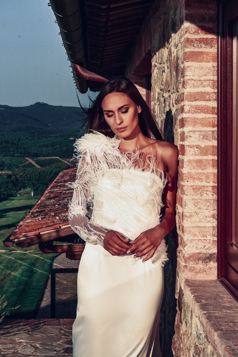 ORSOYA Bridal Dress: Sheer one-sleeve bridal dress with marabou feather.
