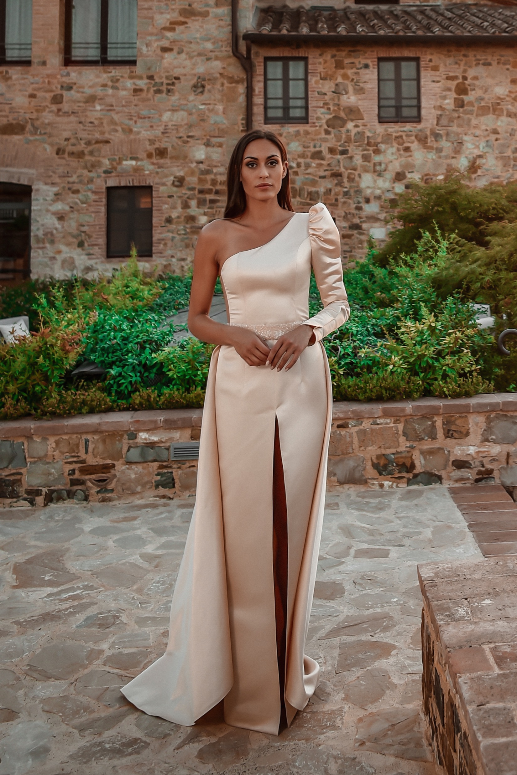 ORSOYA Evening / Casual Dress: One-shoulder satin ivory maxi dress with detachable train.