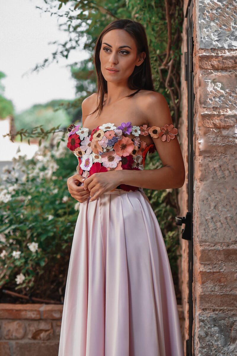 ORSOYA Evening / Casual Dress: Elegant 3D flowers applique corset-style gown, heavy satin slit skirt.