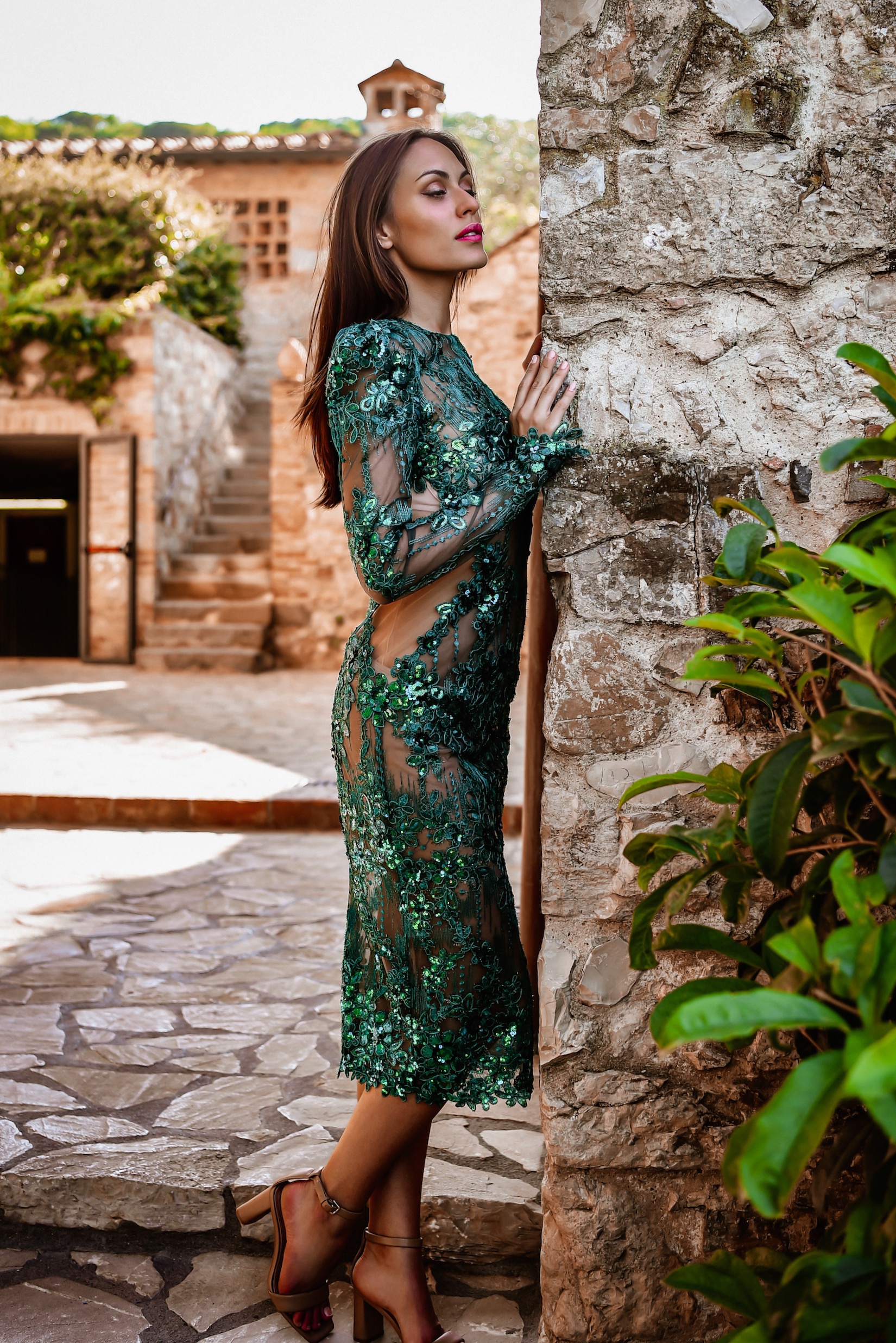 ORSOYA Evening / Casual Dress: Cut-out and lace-detail fitted midi gown.