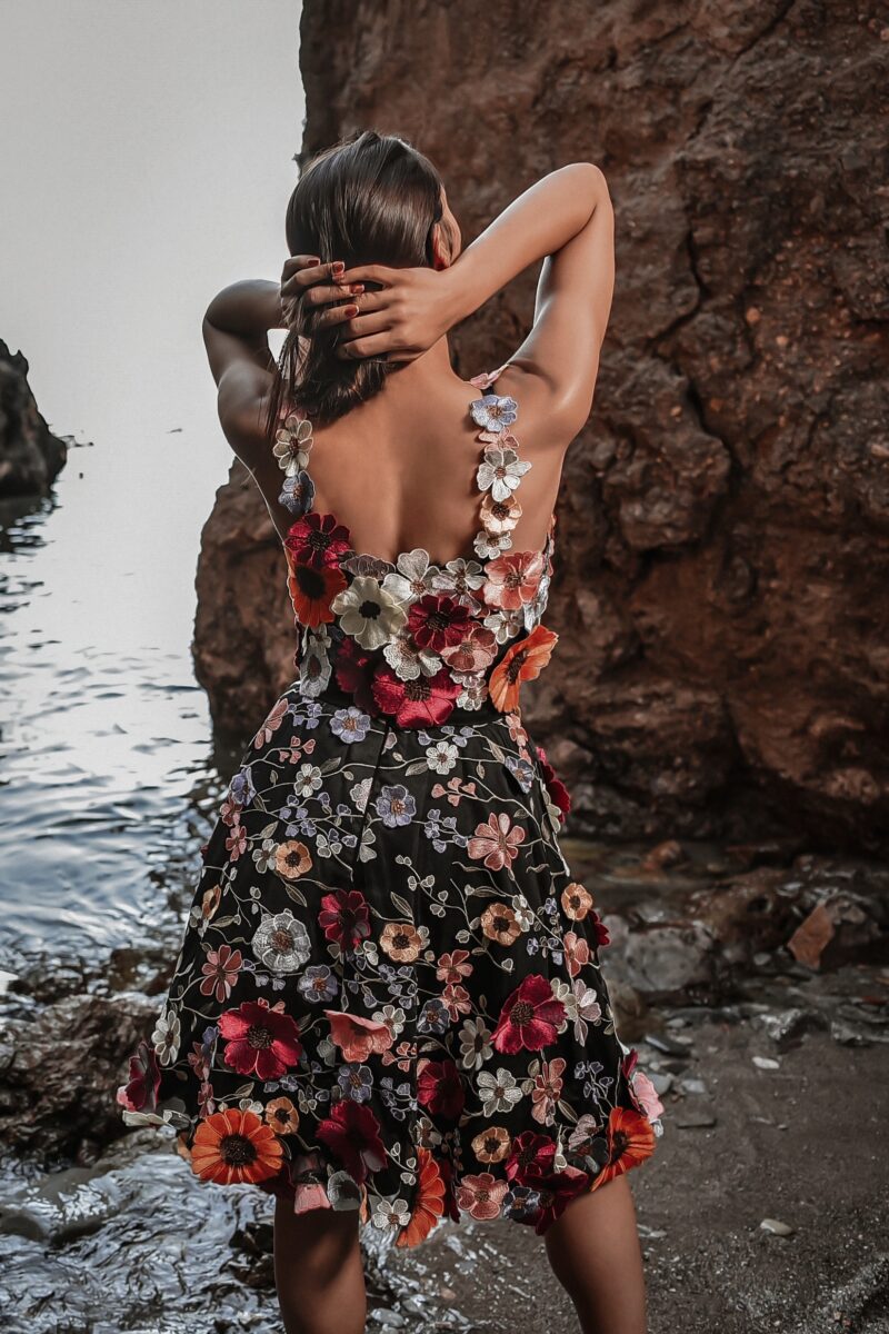 ORSOYA Evening / Casual Dress: 3D flower applique two-piece dress, skirt and bustier-top.