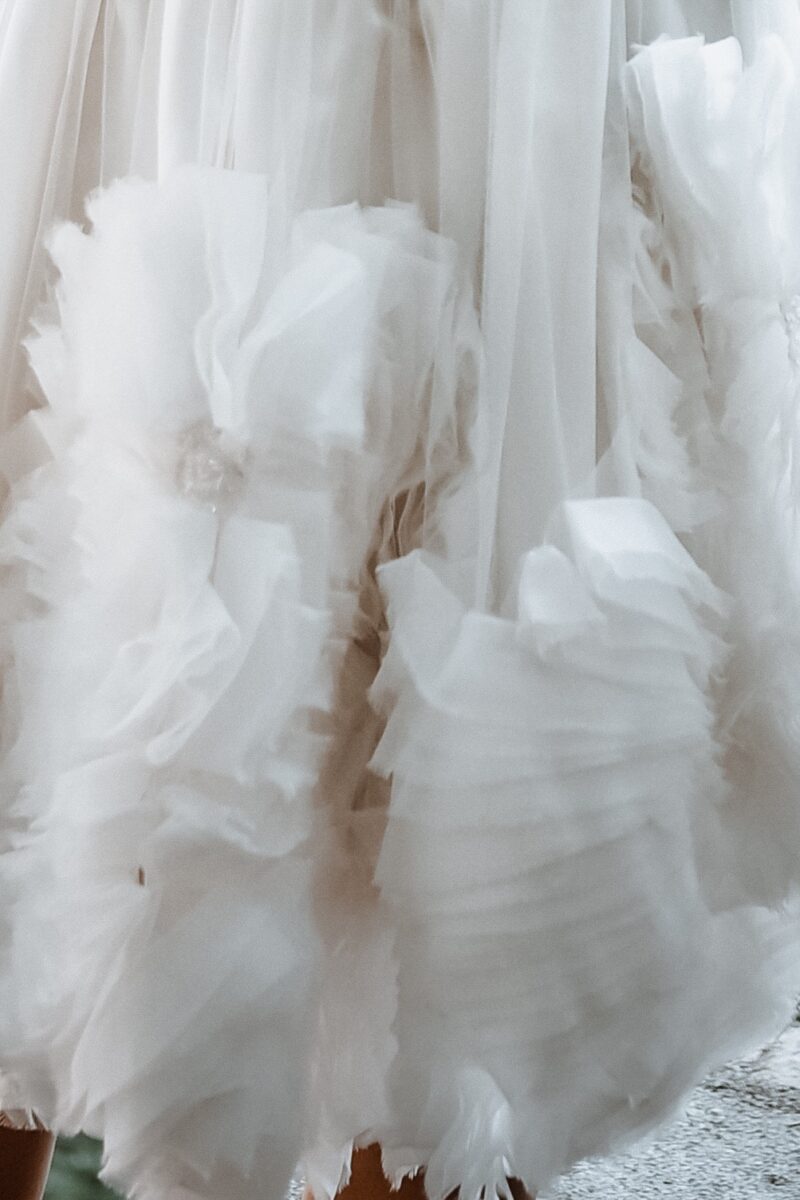 ORSOYA Bridal Dress: Mini fabulous bridal dress with applique handmade organza flower, beaded and crystal.