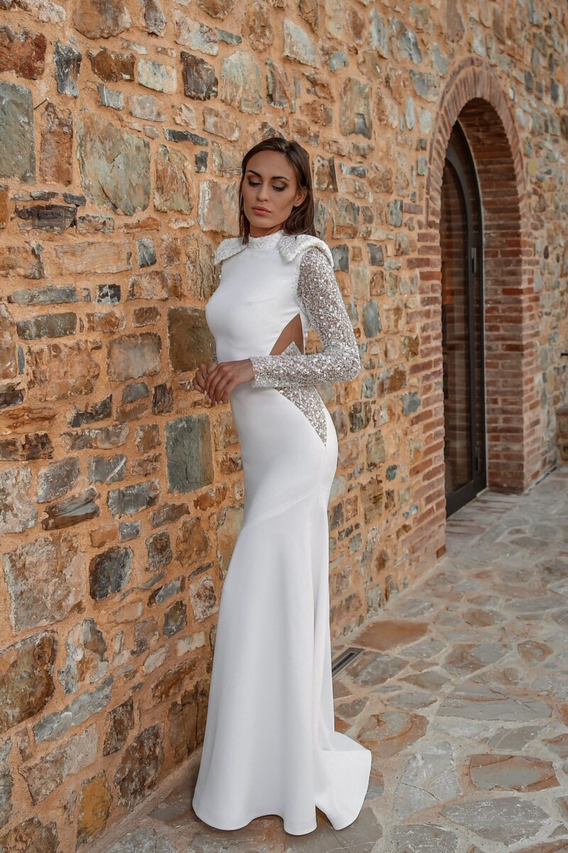 ORSOYA Bridal: High neck and shoulder pads wedding dress