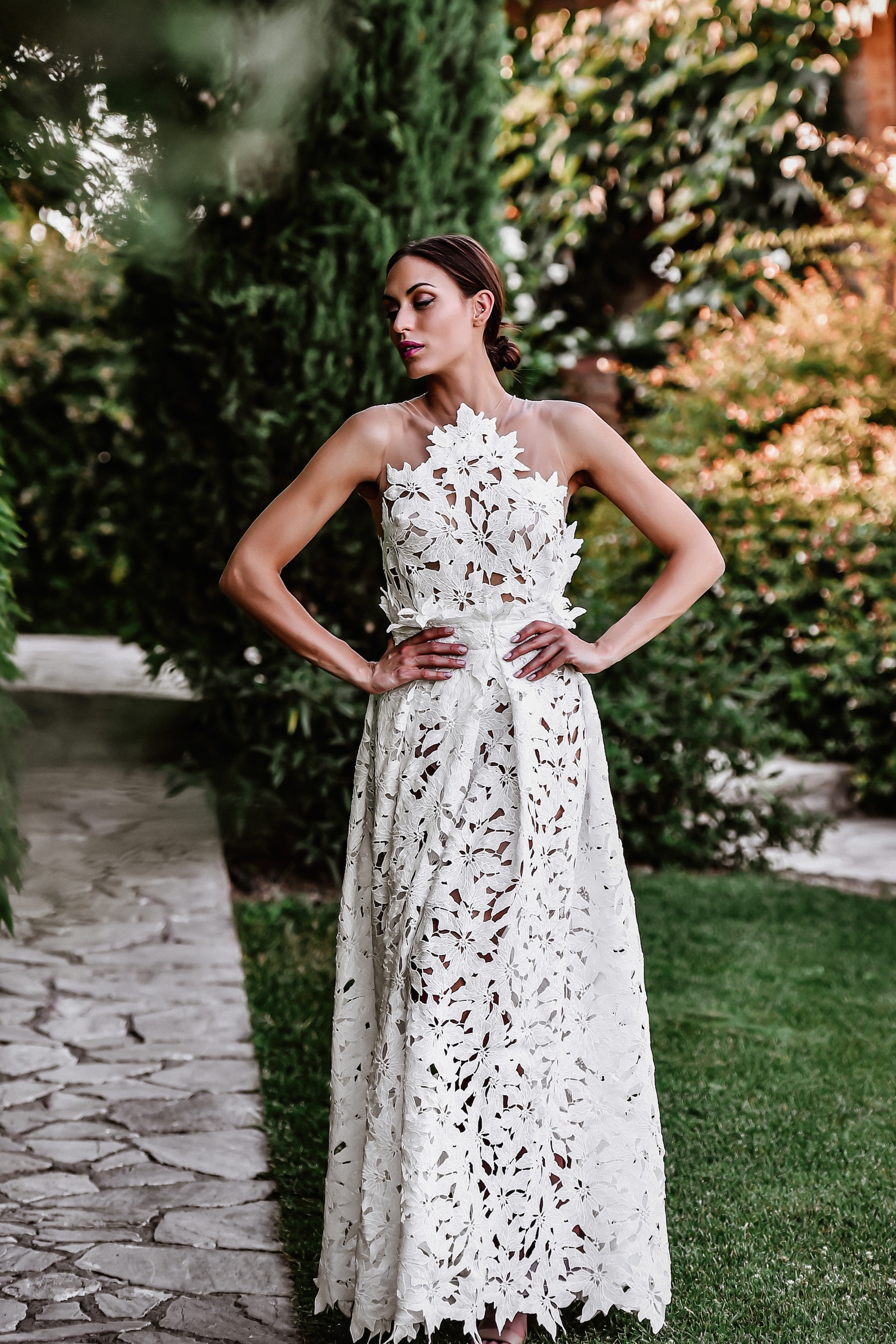 ORSOYA Bridal Dress: Halter neck shilhuette and floral-lace detailing.